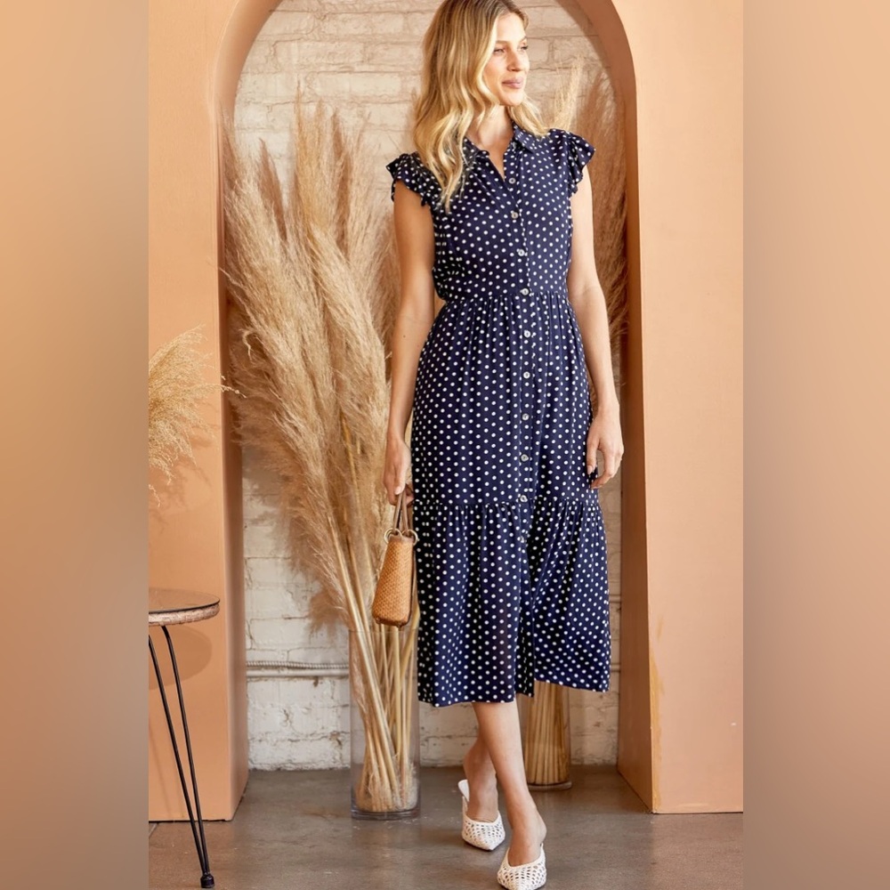 ANDREE BY UNIT Dark Navy Blue and White Polka Dot Summer Dress 1X 2X